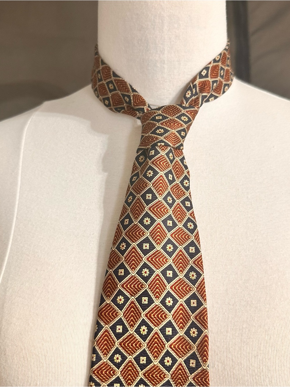 Geoffrey Beene Brown and Navy Geometric Diamond Tie